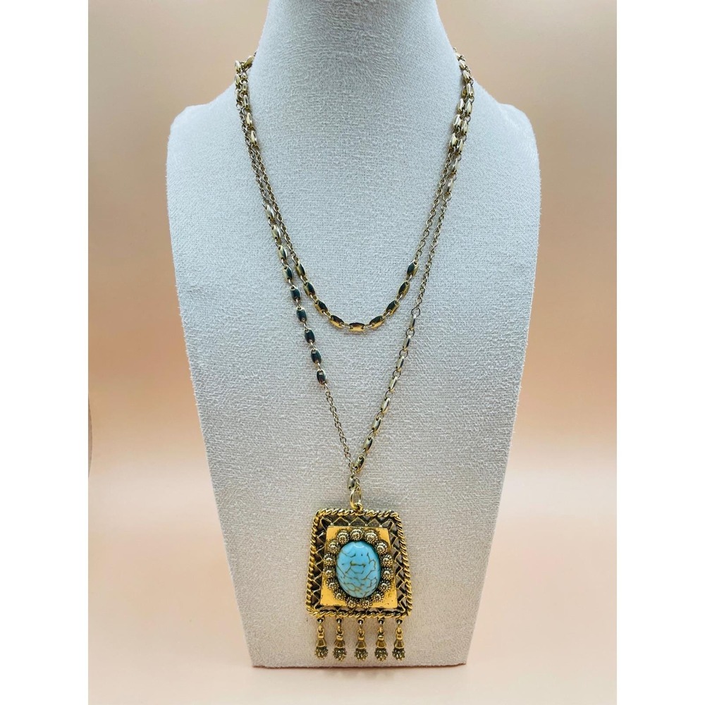 D'Orlan Vintage Faux Turquoise Gold‎ Tone Tassel Pendant Necklace Boho Signed